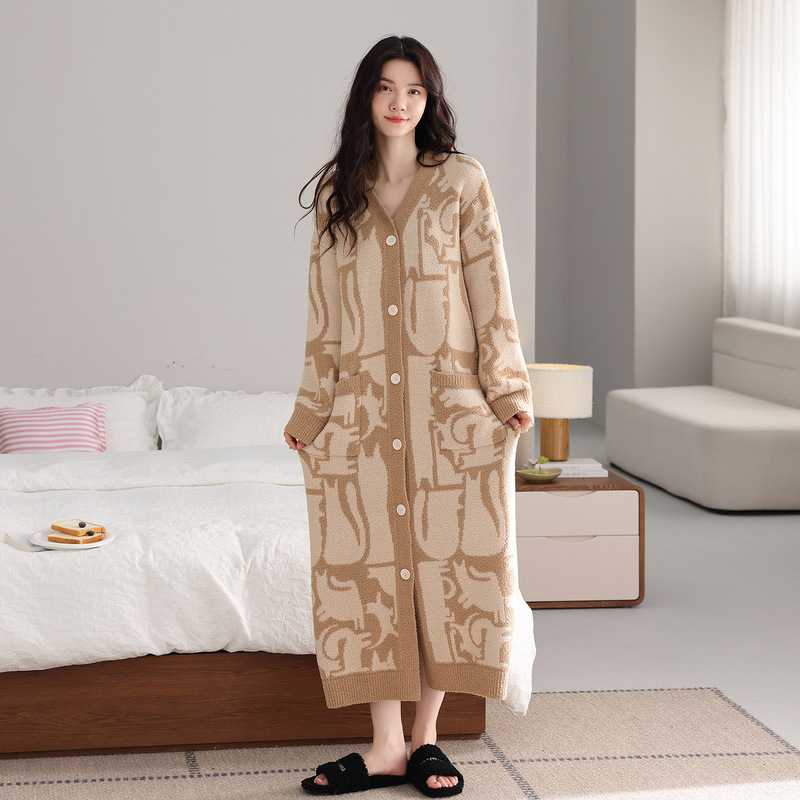 Half Velvet Kimono Collar V Neck Cardigan Long-Sleeved Nightgown Winter Long Dress Thickeneded Warm Outer Wear Home Clothes