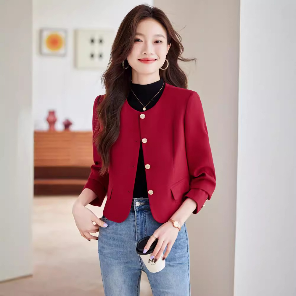 Burgundy autumn elegant classic suit jacket with a round collar