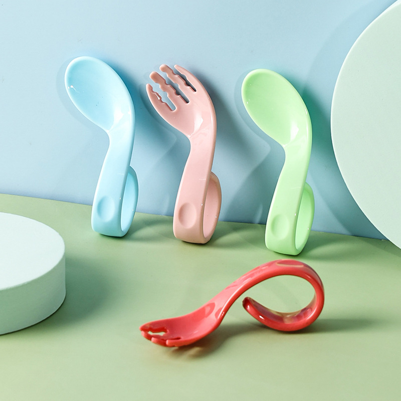 Cuchara de bebé aprender a comer codo tenedor mango corto tenedor cuchara bebé entrenamiento tenedor cuchara comida complementaria niños vajilla traje