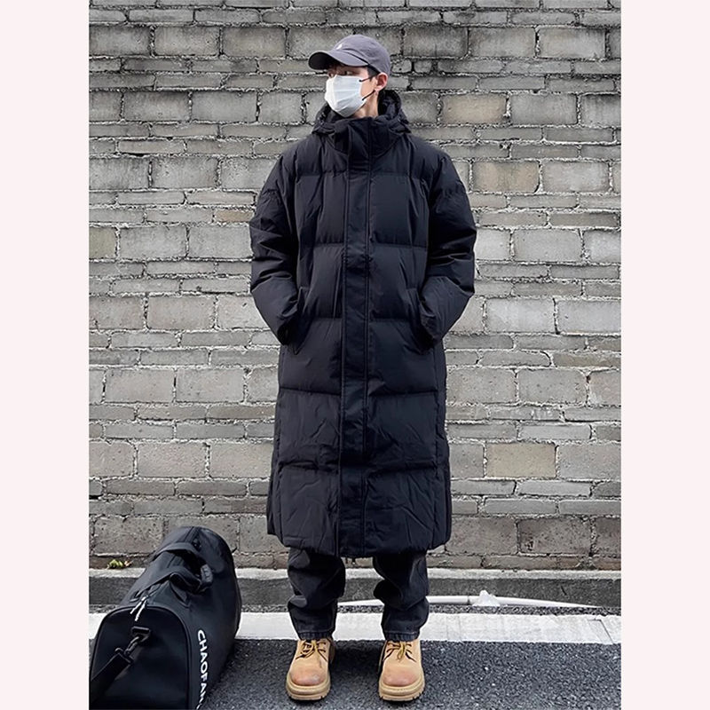 黑色中长款羽绒棉服男冬季感连帽过膝面包服加厚保暖棉衣外套
