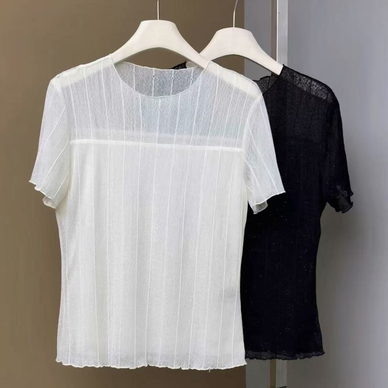 Spring/Summer Hot-Selling Women's T-Shirt, Korean Style Commuting Fashion, Versatile Black Lace Patchwork Short-Sleeve Casual Top