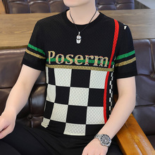 外贸男装新款夏季圆领提花套头冰丝弹力短袖T恤潮青少年男士上衣