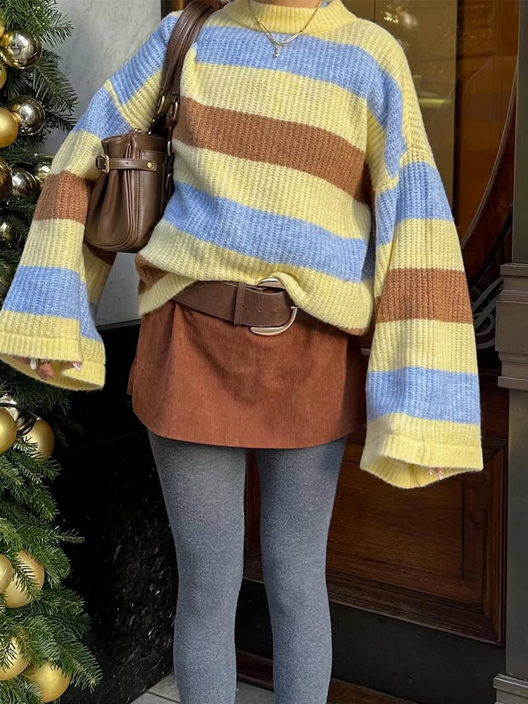 La moda perezosa de estilo universal de ropa exterior suéter a rayas de color contrastante 2025 nuevo otoño y invierno transfronterizo estilo europeo y americano