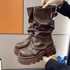 时尚百搭厚底增高马丁靴女士2025新款秋冬季复古显瘦增高中筒靴子