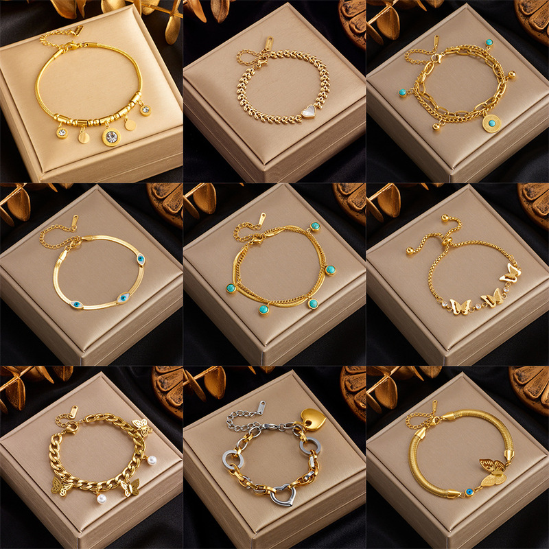 Cross-Border Hot-Selling Fashion Love Turquoise Butterfly Decorative Pendant Titanium Steel Bracelet Round Diamond Eye Element Bracelet