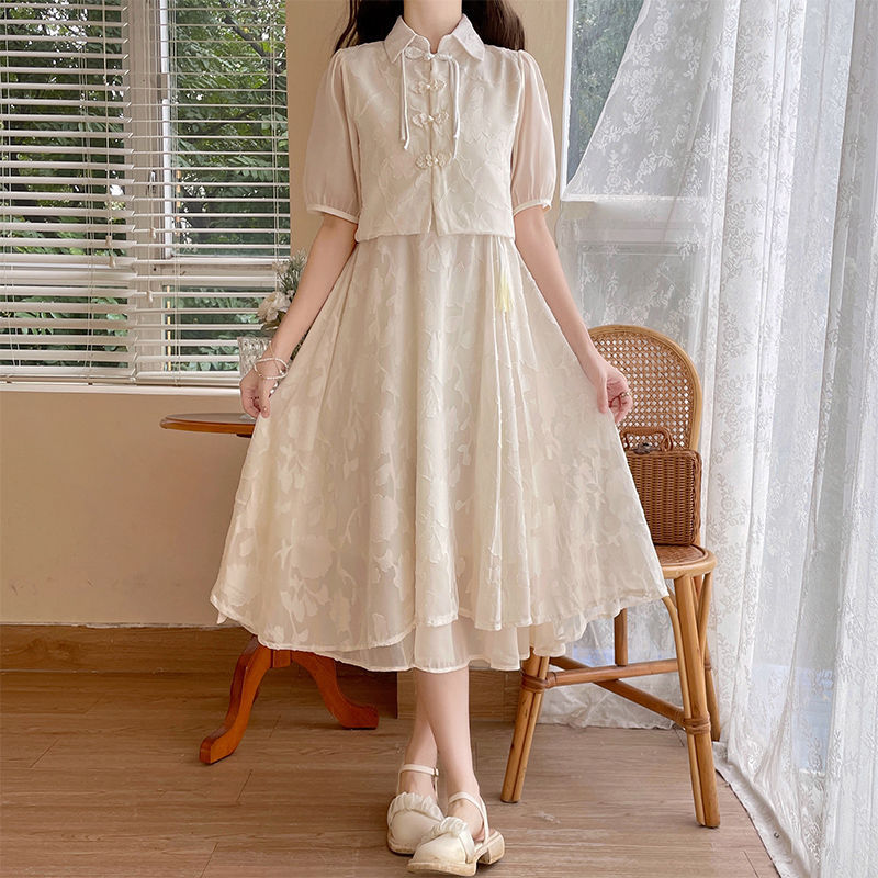 15 Junior High School Student Cardigan Suspender Skirt New Chinoiserie National Style Suit Skirt 13 Girls 12 Years Old Girls Dress Summer