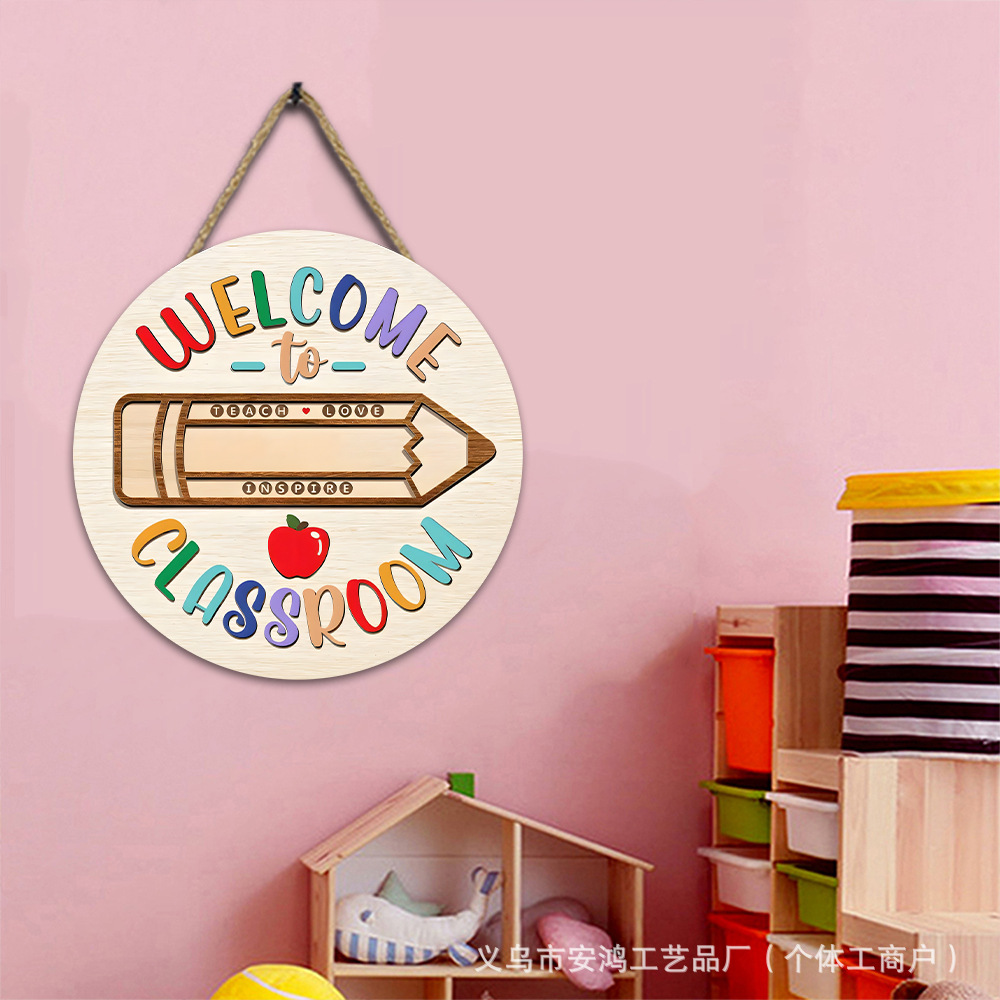 Cross-Border Back-To-School Season Welcome Wooden Sign Classroom Decoration Round Door Welcome Sign Welcome Wooden Sign