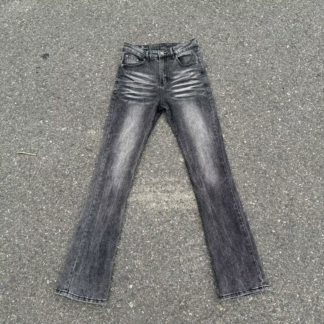 Men's Black Washed Flared Jeans With Fleece Lining - Clean Fit Stretch Denim Pants For High Street Fashion_mkmklike.com