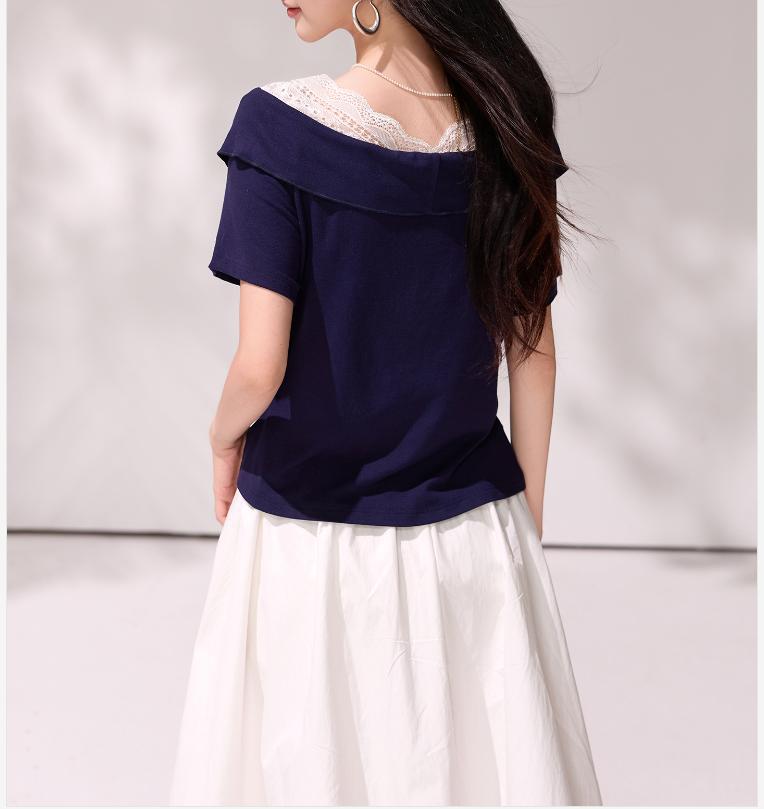 Áo thun nữ tay ngắn cổ V phối ren chắp vá FALINDA STUDIO — màu xanh navy chi tiết 8
