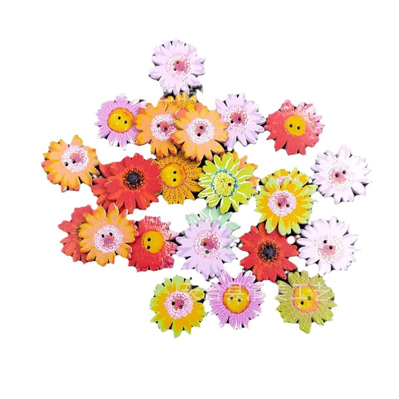 Botón de madera de crisantemo pintado de fondo blanco de 25mm Botón de madera de crisantemo decorativo de fondo blanco de bricolaje 50 por paquete