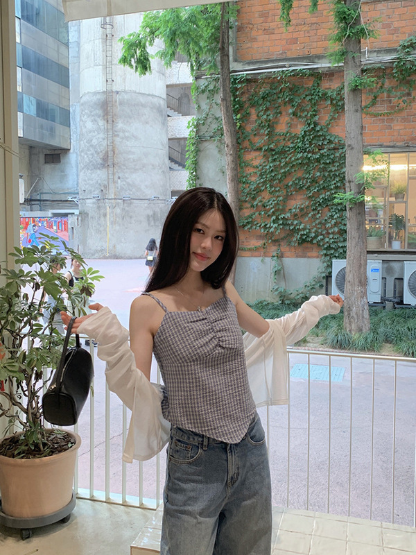 韩系纯欲风不规则格子吊带长袖开衫叠穿2025夏季新款两件套女chic|undefined