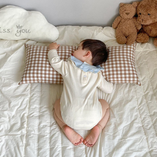 Korean ins style bear head cotton plaid children's pillow pillow baby long pillow crib guard anti-collision strip