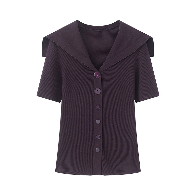 2026 New Summer Style for Petite Women: Navy Collar Short-Sleeve Knit Cardigan Top for Women 2403