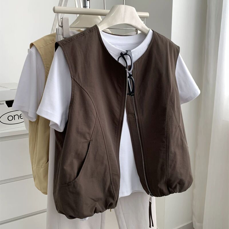 Japanese Retro Workwear Style Round Neck Vest for Women 2026 Spring/Summer Korean Version Petite Zip-Up Vest Layered Short Jacket