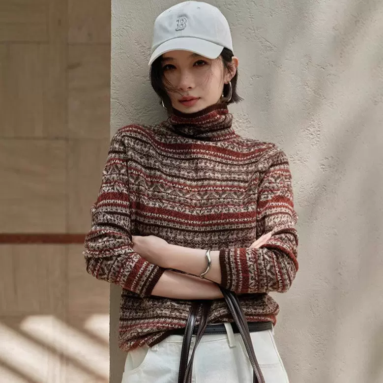 2025秋冬新款女士费尔岛提花版堆堆领羊绒衫100%山羊绒毛衣针织衫