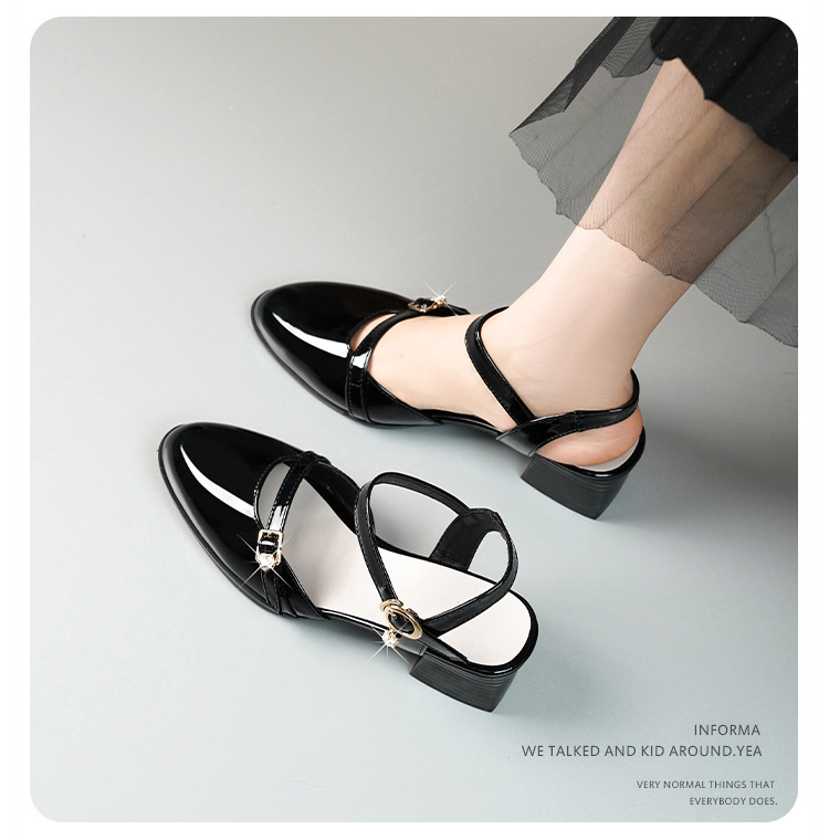 Sandal bít mũi nữ gót thô đi làm đế mềm da thật — Màu đen chi tiết 7