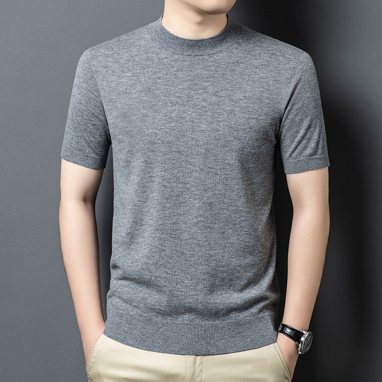 100% 羊ウールニットボトムシャツメンズ半袖ニットウールセーター Tシャツビジネス多用途無地卸売セーター|undefined