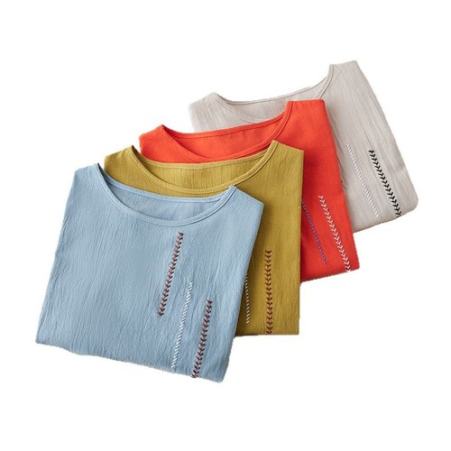 Art Deco Retro Short Sleeve Women's Embroidered Cotton Linen Crew Neck Summer Loose Plus Size Versatile T-Shirt Hooded Top for Women