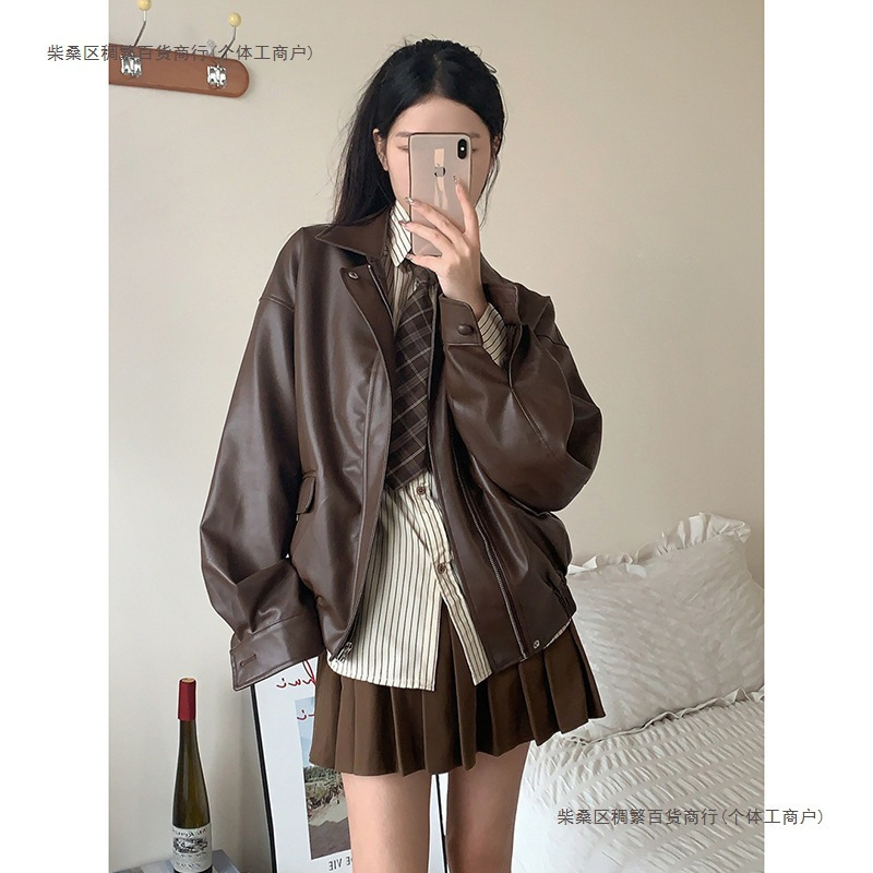 美拉德皮衣外套女男女同款春秋小个子棕色美式复古机车短款皮夹克|undefined