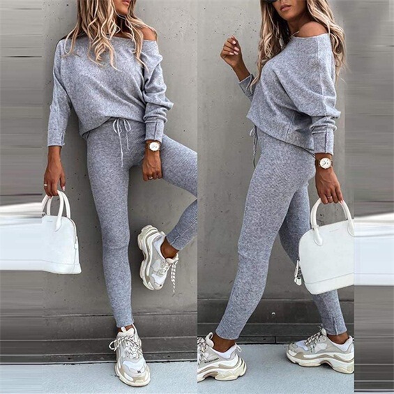 In-Stock 2025 European and American Foreign Trade Spring Solid Color Fashion Casual Drawstring One-Shoulder Sports Long Pants Set for Women In-Stock 2025 European and American Foreign Trade Spring Solid Color Fashion Casual Drawstring One-Shoulder Sports Long Pants Set for Women