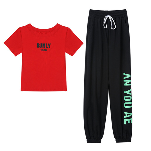  Bejanari square dance new spring and summer short-sleeved T-shirt letter sweatpants dance sports casual performance clothing