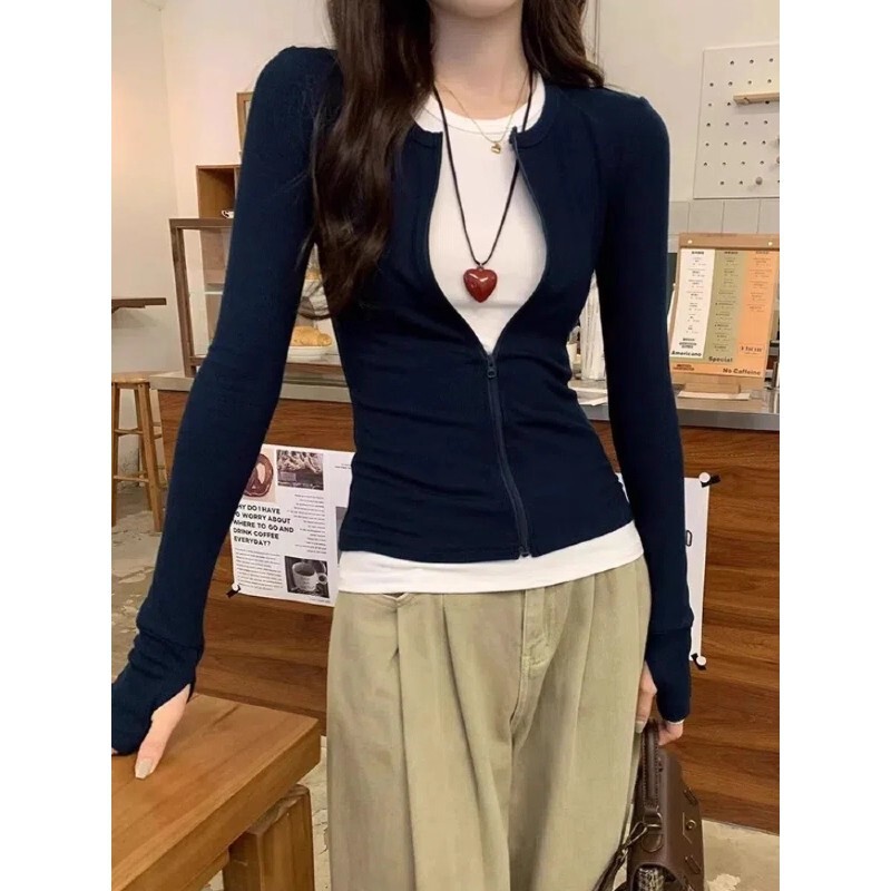 黑色修身假两件长袖上衣女2025新款巨好看正肩设计感绝美漂亮薄款|undefined