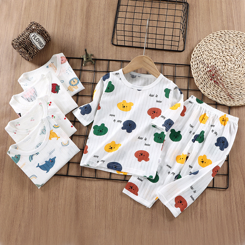 Conjunto de pijama para uso doméstico, ropa de algodón puro para aire acondicionado para niños y niñas, ropa de verano fina de manga corta para bebés y niños pequeños.