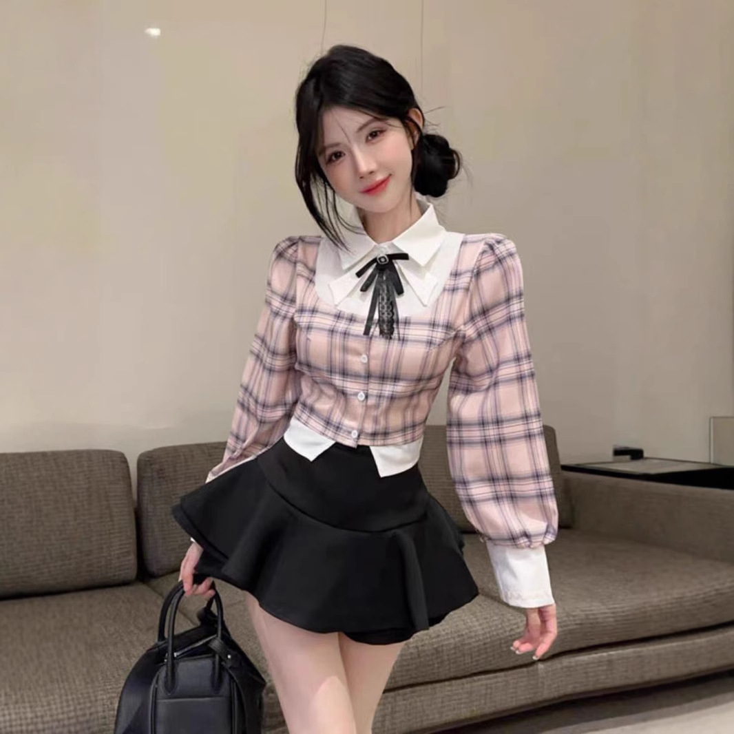 대학 스타일 달콤한 향신료 소녀 나이 감소 가짜 2 조각 격자 무늬 작은 대비 셔츠 블랙 투투 스커트 JK 세트 트렌디