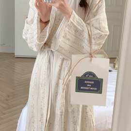 双层纱竖条纹碎花睡袍女日式V领系带长款宽松可外穿家居浴袍睡衣