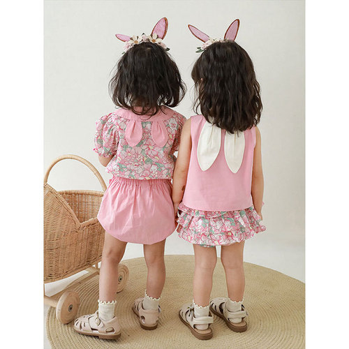 Qiu Duomeng girls pink rabbit floral series shirt vest skirt suit summer shorts children's dress