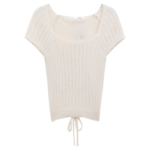 Women's Summer Design-Focused, Unique Neckline Knit Short-Sleeve T-Shirt with Back Ties for a Slimming, Sweet, and Spicy Vibe