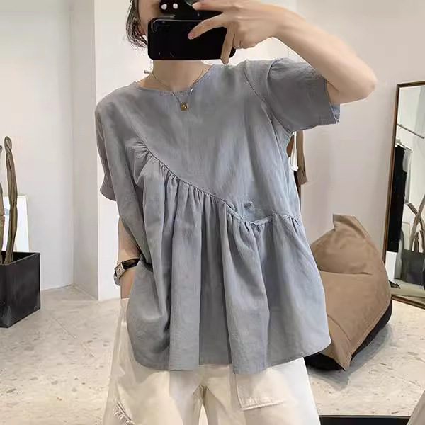 2026 Summer Loose Plus Size Round Neck Fresh Style Short Sleeve Doll Shirt Irregular Cotton Linen Shirt for Women