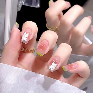 Wearable nail piece removable fake nail patch summer campus style French blush Camellia student manicure