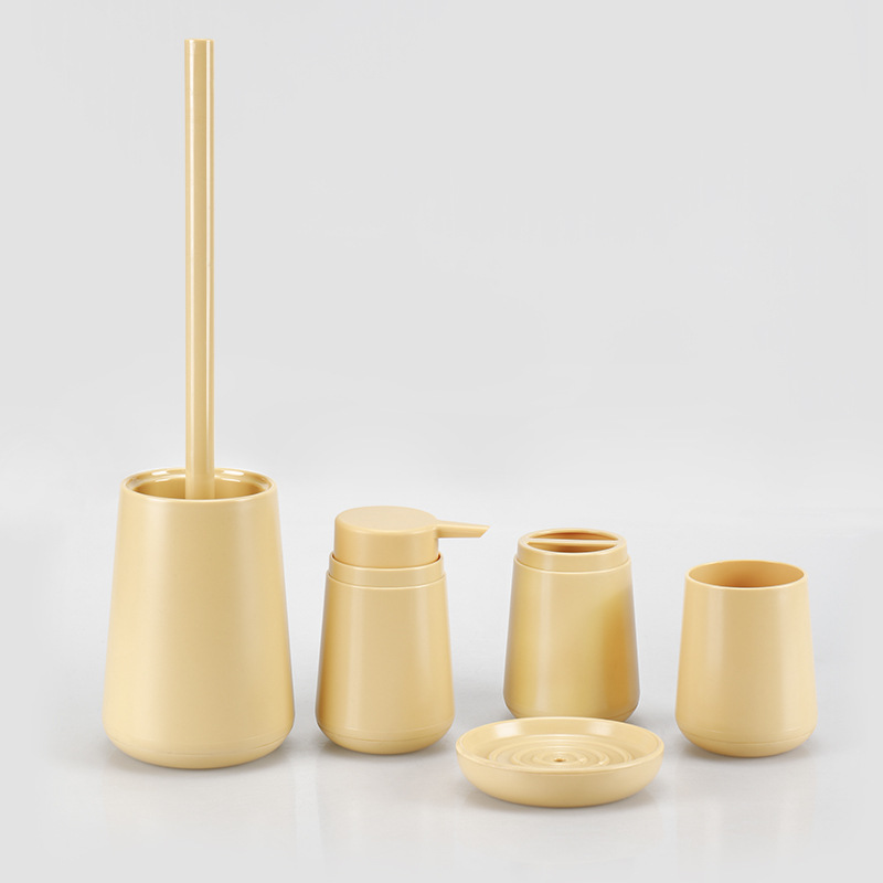 Color sólido nuevo baño de plástico suministros de cinco piezas conjunto de enjuague bucal cepillado rack caja de jabón de almacenamiento de baño cubierta de baño del hogar