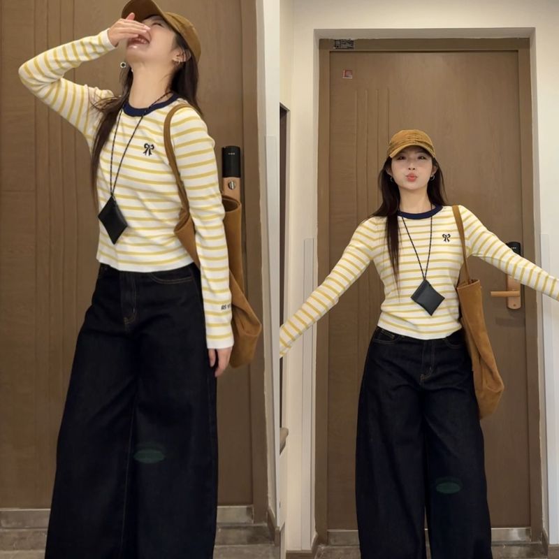 黄色条纹爱心长袖t恤女秋季2025新款设计感短款修身打底衫上衣|undefined