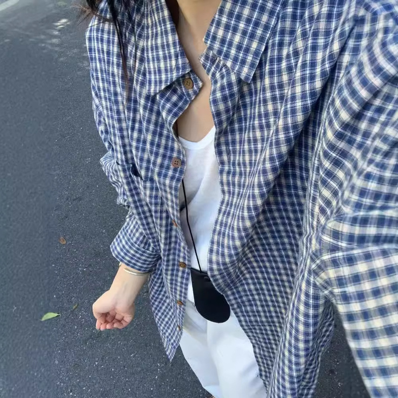 Korean Style Plaid Shirt 2024 Autumn New Lapel Long-sleeved Loose Elegant All-match Casual Cardigan Top for Women