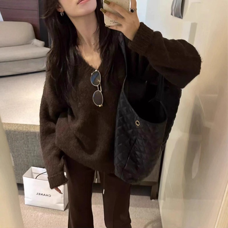 秋冬韩系新款宽松大版鸡心领套头毛衣女纯色慵懒风软糯针织衫上衣|undefined