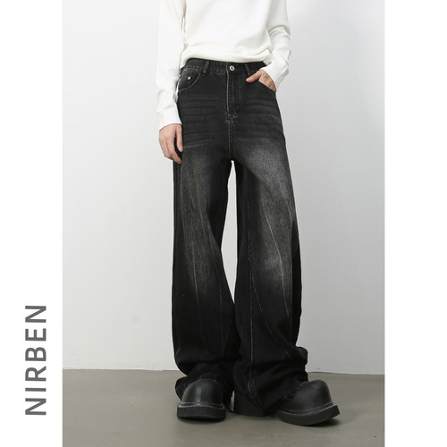Nirben Denim | American Retro Distressed Streetwear Men's Water Wave Print Trend Brand Loose Straight Leg Wide Pants