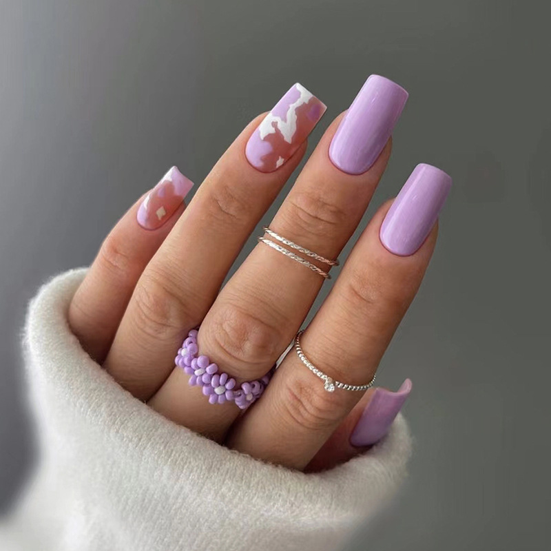 Foreign Trade European and American Ins-Style Square-Shaped Nail Tips in Light Purple with Speckled Patterns and Cow Print, Pure and Fashionable Wearable Nails