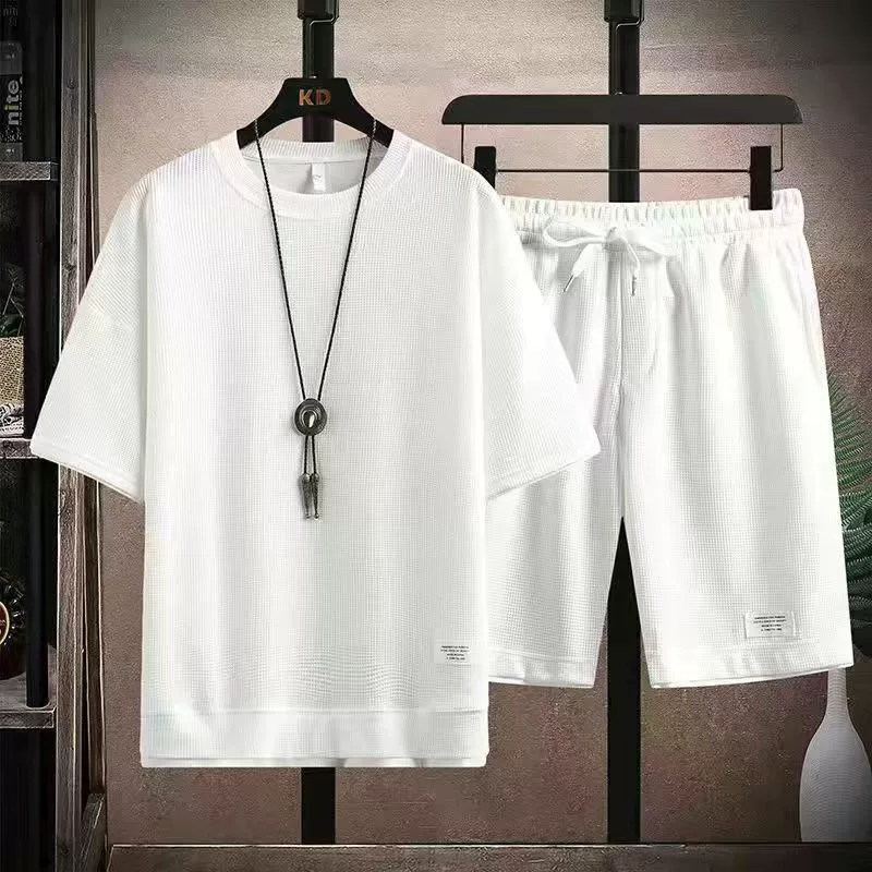 Комплект верх с коротким рукавом и брюки oversize, размеры M–5XL, текстура вафли, повседневный набор