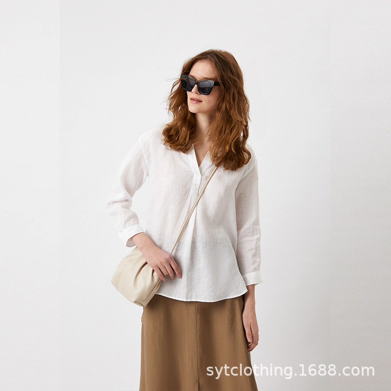 Linen Shirt for Women, Long-Sleeved, Loose-Fitting Shirt, Custom Workwear, Casual Processing, Small Batch, European and American Style, Custom-Made Oem Linen Shirt for Women, Long-Sleeved, Loose-Fitting Shirt, Custom Workwear, Casual Processing, Small Batch, European and American Style, Custom-Made Oem