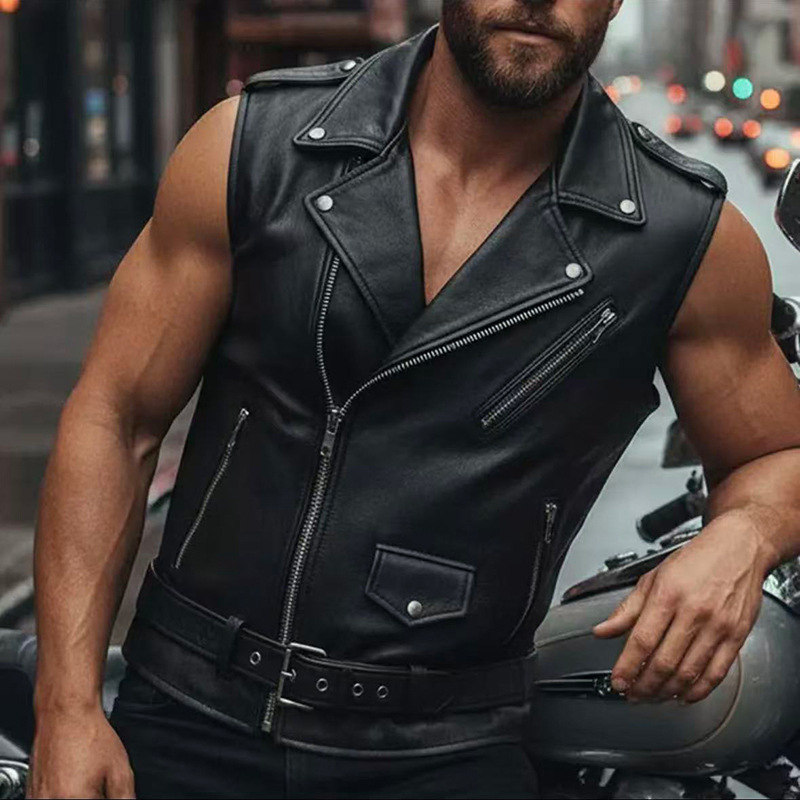 2026 New Cross-Border Men's Pu Leather Motorcycle Riding Vest Slim Fit Lapel Zipper Punk Style