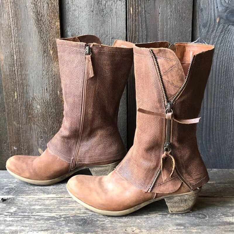Cross-border e-commerce, plus-size, side-zip, chunky-heeled, mid-calf riding boots for women, retro round-toe, mid-heel, thin-soled leather boots, available on independent online stores Cross-border e-commerce, plus-size, side-zip, chunky-heeled, mid-calf riding boots for women, retro round-toe, mid-heel, thin-soled leather boots, available on independent online stores