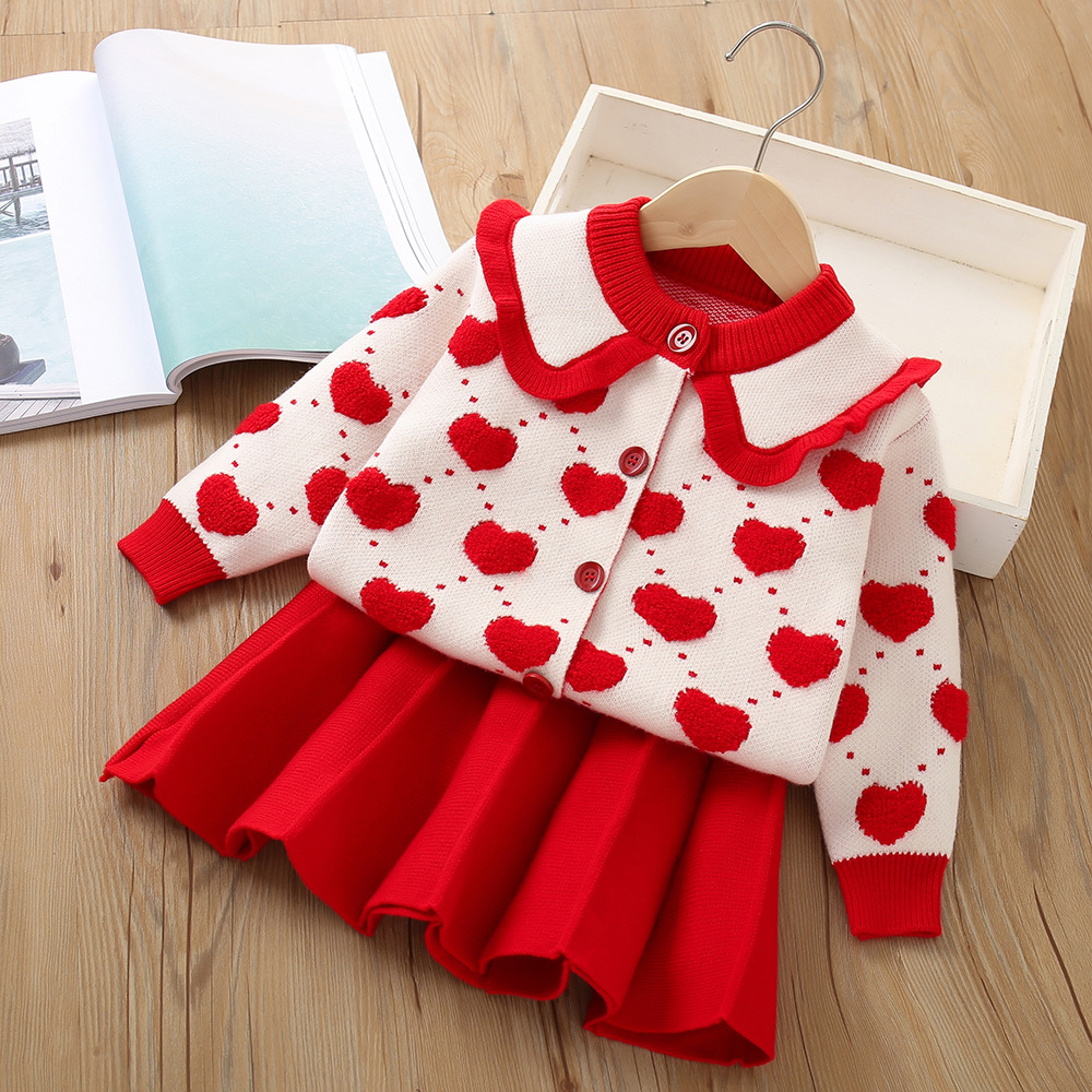 Pull tricoté en velours granulaire pour bébé fille, nouvelle édition coréenne, petit cœur, ensemble de jupe, automne/hiver 2023_voghion.com