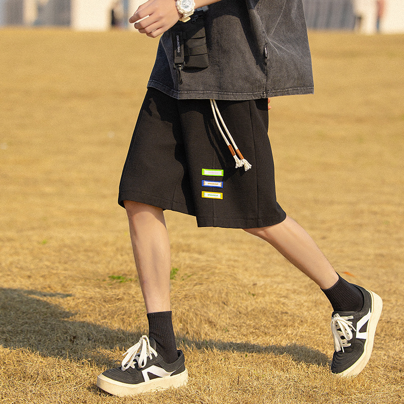 Labeling Waffled Five Shorts Men's Summer Black American Style Retro Basketball Running Sports Casual Shorts Men's Trendy