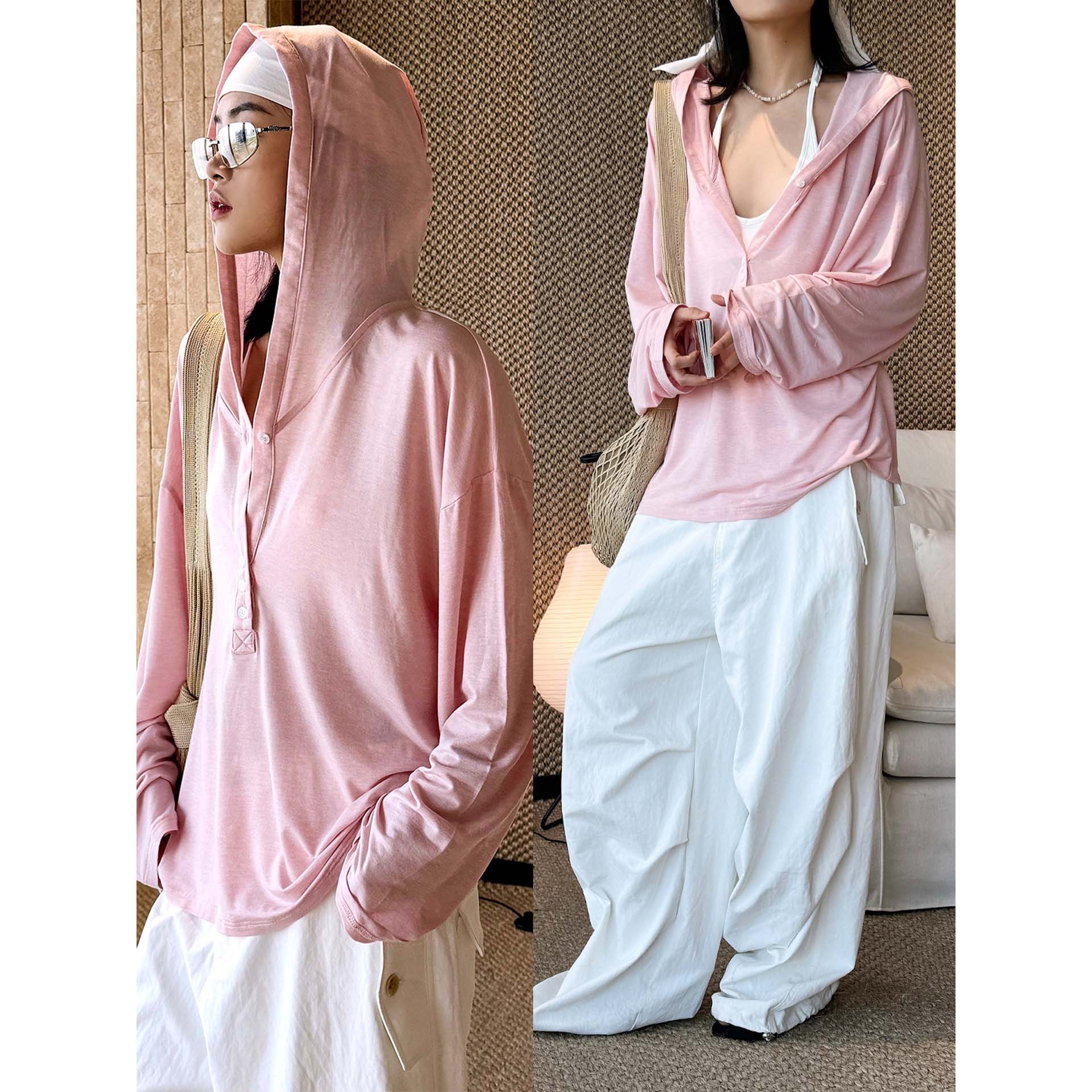 Louvre Summer New Korean Style Simple Relaxed Hooded Henley Collar Button-Up T-Shirt for Women, Sun Protection and Slimming Top