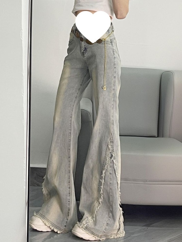 毛边设计感水洗做旧牛仔裤女2025春秋新款高街辣妹弹力喇叭马蹄裤|undefined