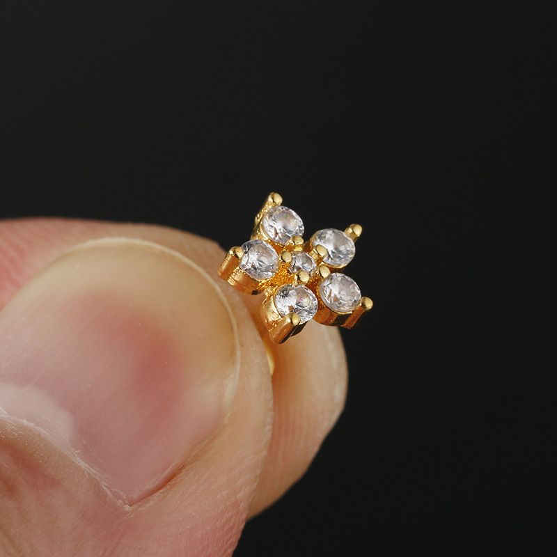 Hip-Hop Geometric Flower Stainless Steel Inlay Zircon lip stud 1 Piece