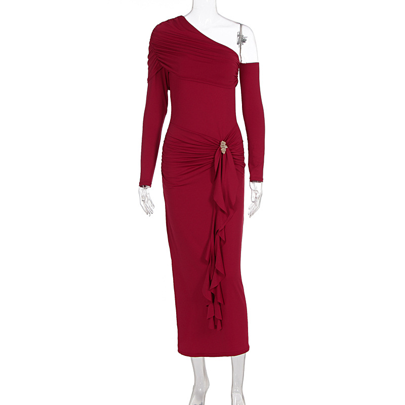 Women Asymmetrical One Shoulder Solid Color Long Sleeve High Waist Bodycon Sexy Hip Wrapped Ruched Party Evening Dress_ecoleips.com