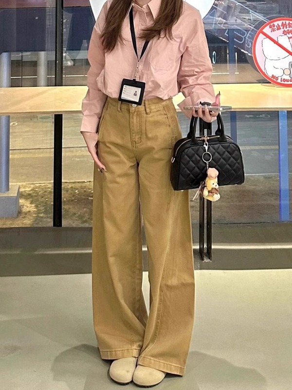 美式卡其色阔腿弯刀牛仔裤女夏季新款设计感宽松显瘦直筒休闲裤子|undefined
